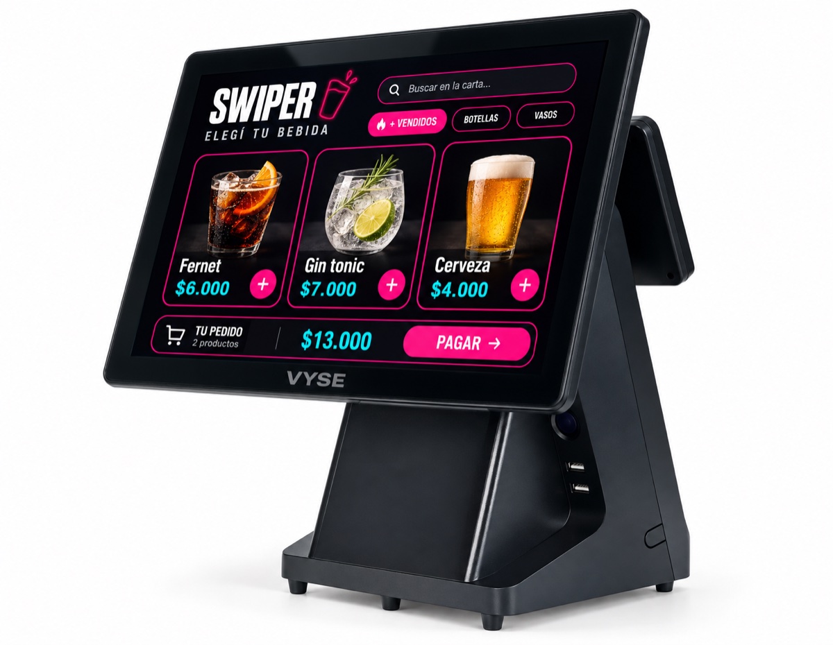 Mockup de Swiper en una terminal de mostrador VYSE, con carta de bebidas y botón para pagar