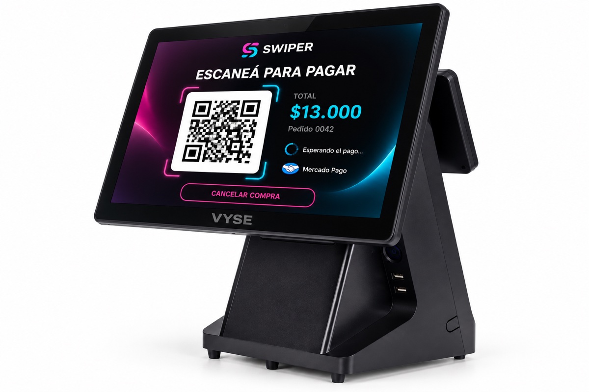 Mockup de Swiper en una terminal VYSE con la pantalla de pago por QR y el total del pedido